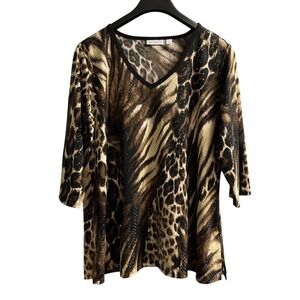 Susan Graver Top Women 1X Liquid Knit Black Animal Print Sequin Pullover‎ Tunic